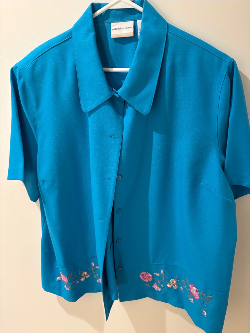 Alfred Dunner Teal Short-Sleeve Button Front Top with Floral Embroidery